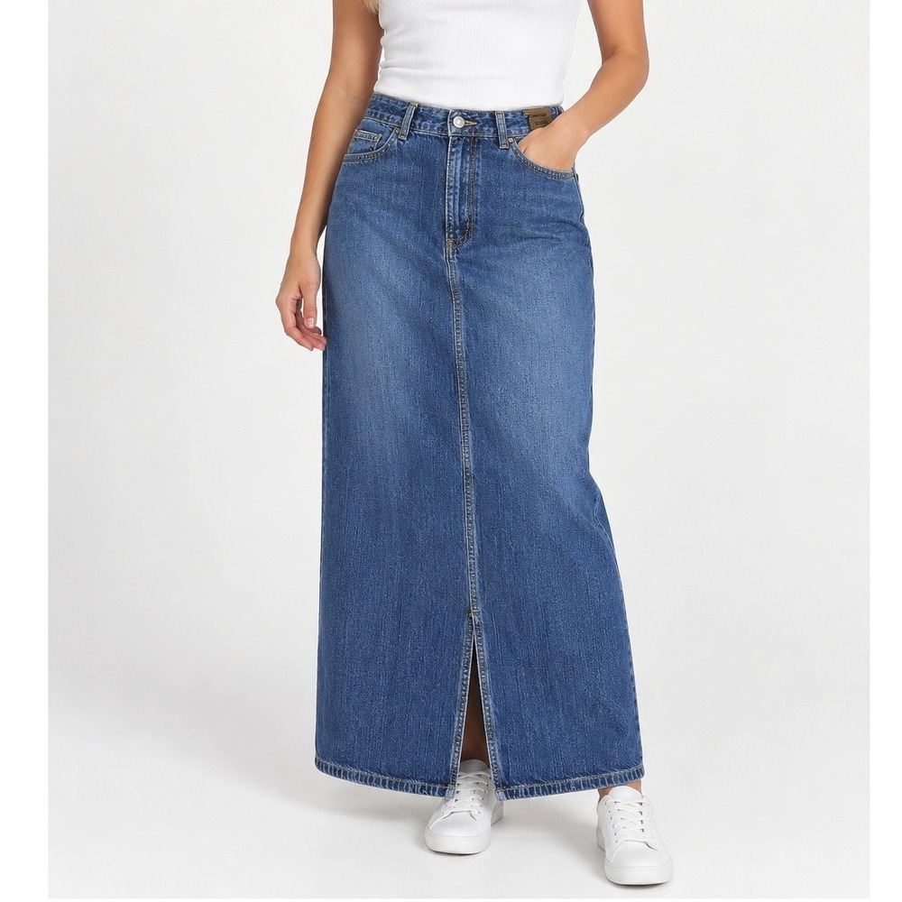 Vintage Diesel Womens 31 Denim Maxi Skirt Blue Button Fly Long Jean Skirt